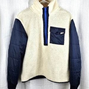 Juicy Couture sherpa and nylon mixed pull‎ over Small Beige Blue Quilted Sleeves
